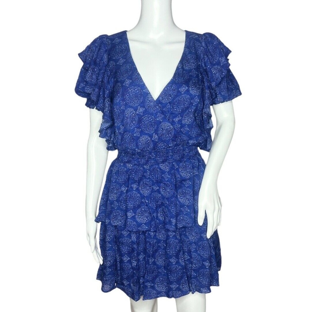 Celina Moon Women's Mini Dress Tiered Ruffle Blue Indigo Block Size Small